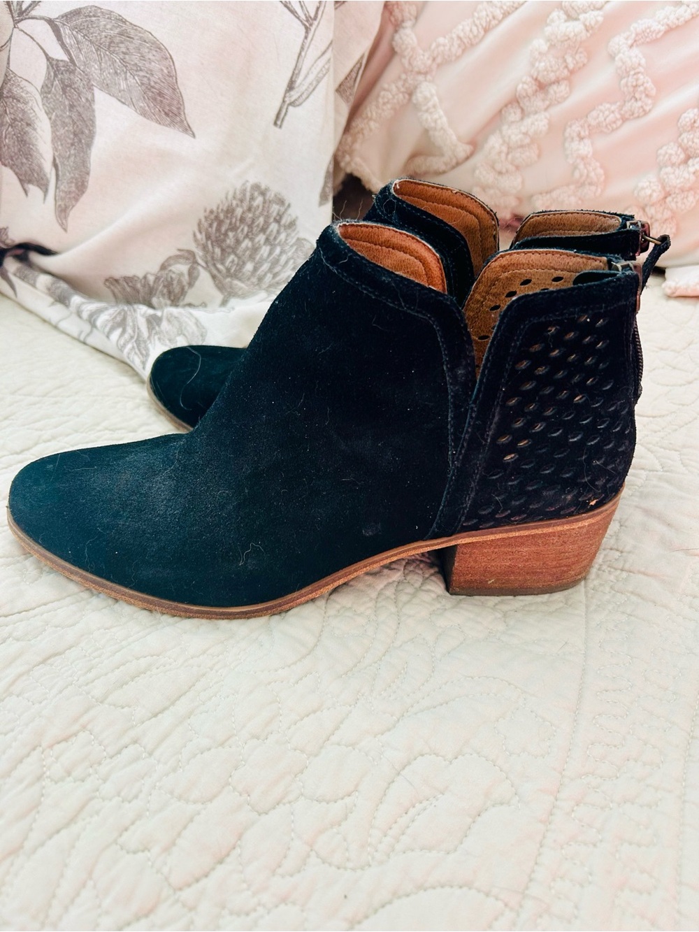Susina Black Suede Perforated Back Ankle Boots